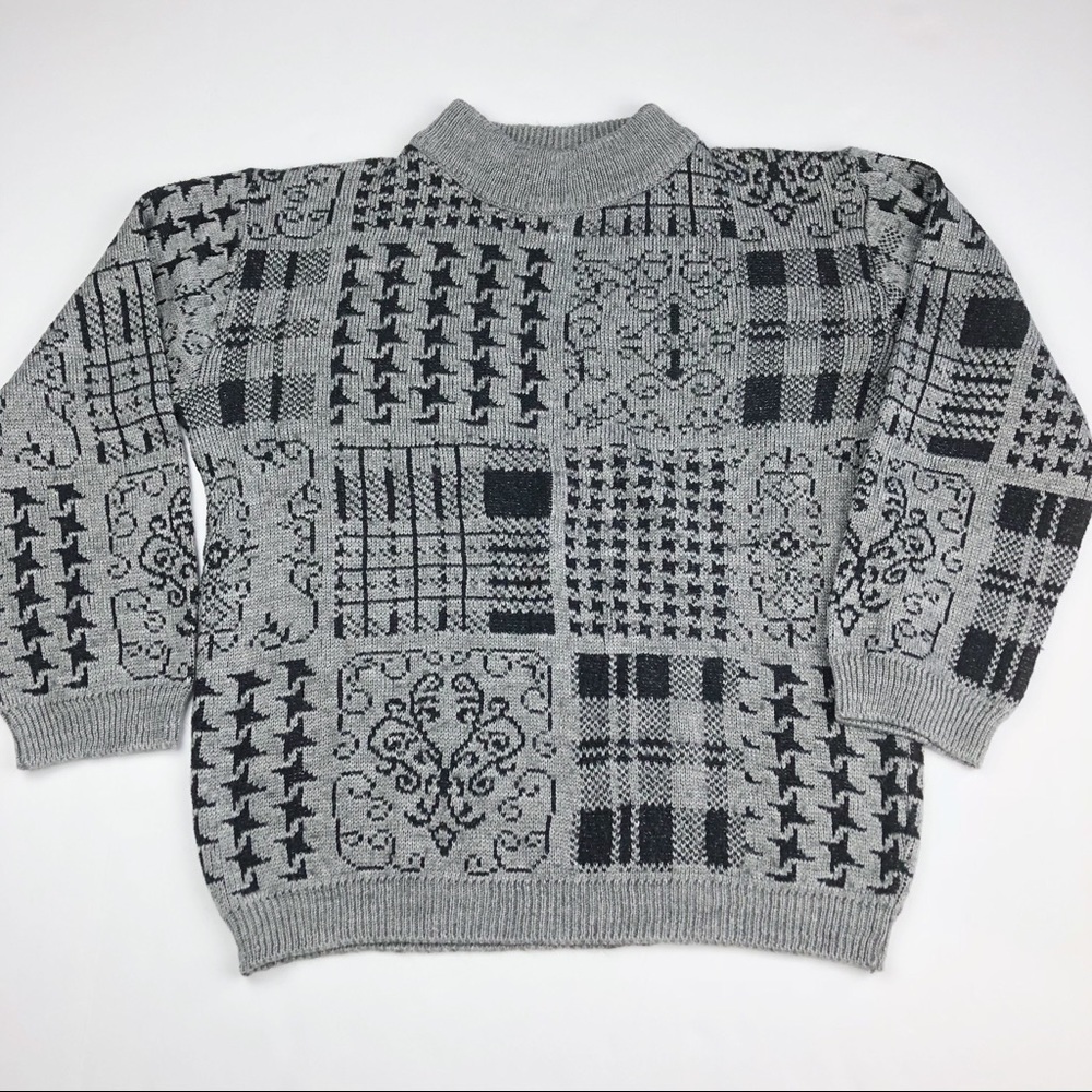 Multi-Patterned Houndstooth Mock Neck Knit Sweater - image 4